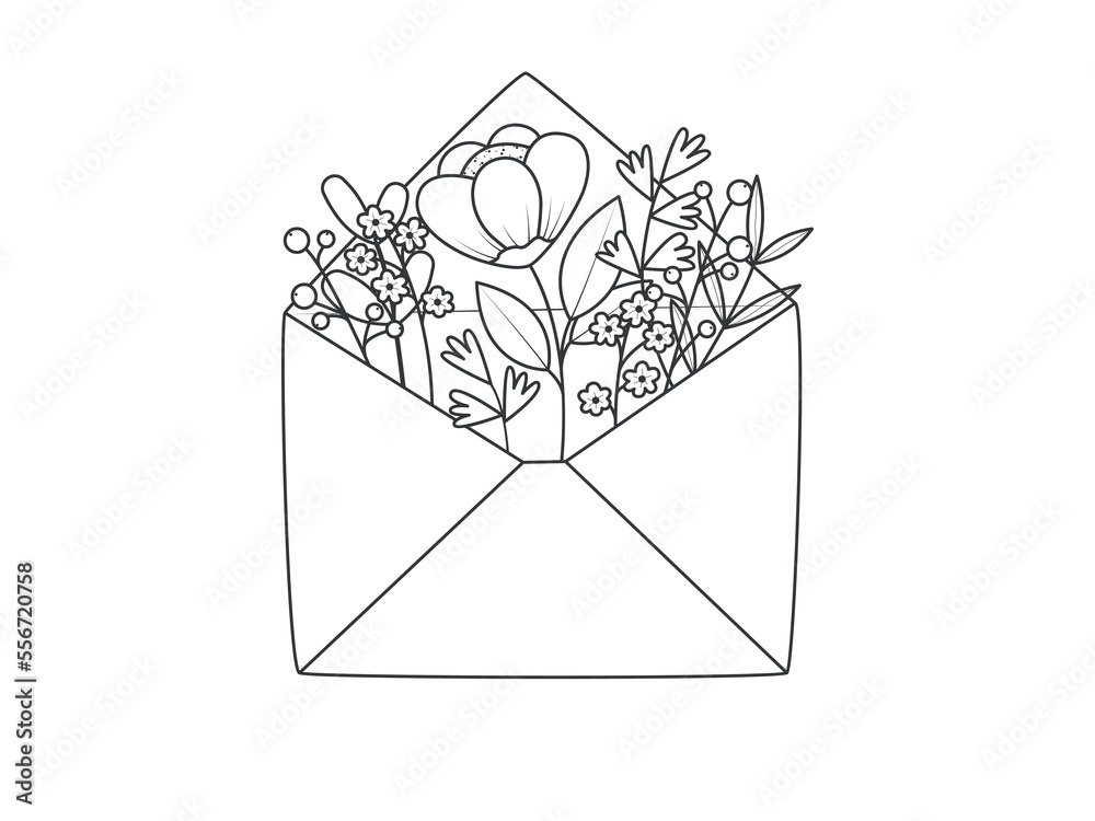 Mail envelope wis a fantasy flowers. Romantic spring message. Vector illustration isolated on a white background - obrazy, fototapety, plakaty 