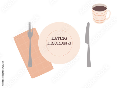 The text Eating Disorder on the plate. Plate, fork, knife and napkin on a table