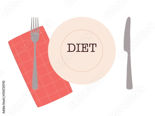 Plate with a text DIET, fork, knife and a red napkin. Vector illustration isolated on a white background