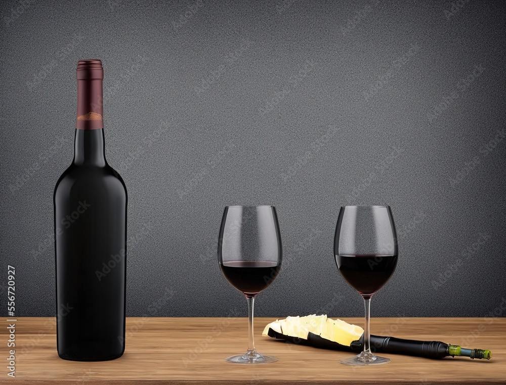 
red wine bottle and glass, grapes
