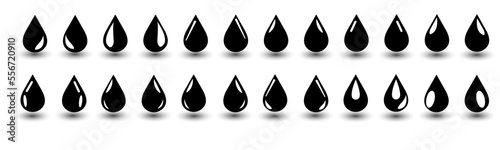 A set of black and white drop icons with a shadow, vector drawing.