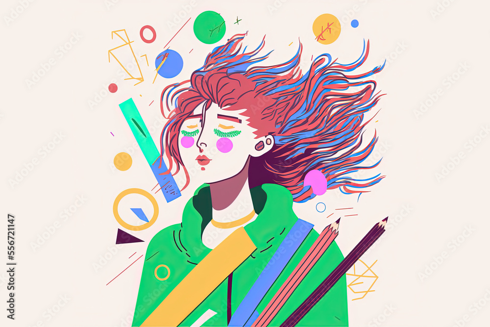 Female illustrator madness, flat vector style, CMYK pastel colors, illustration made with Generative AI
