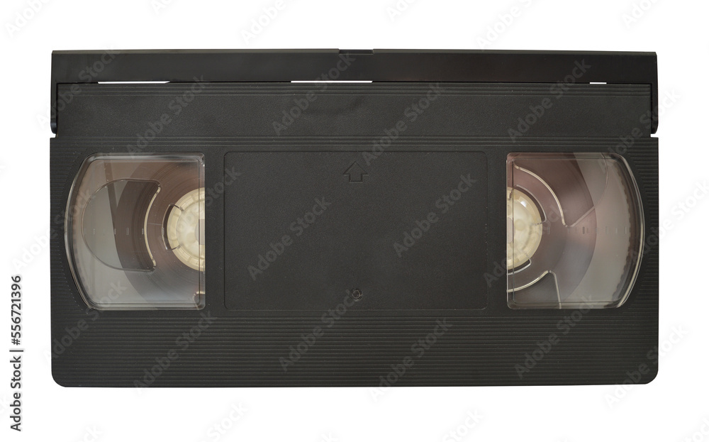 Old magnetic film video cassette with dust particles isolated on white background. Front view