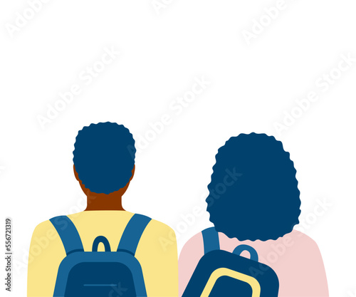 Black people african students with school bags, couple back view. Young friends with backpack, learner, adolescent. Choice future way. Vector illustration