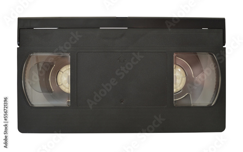 Old magnetic film video cassette with dust particles isolated on white background. Front view