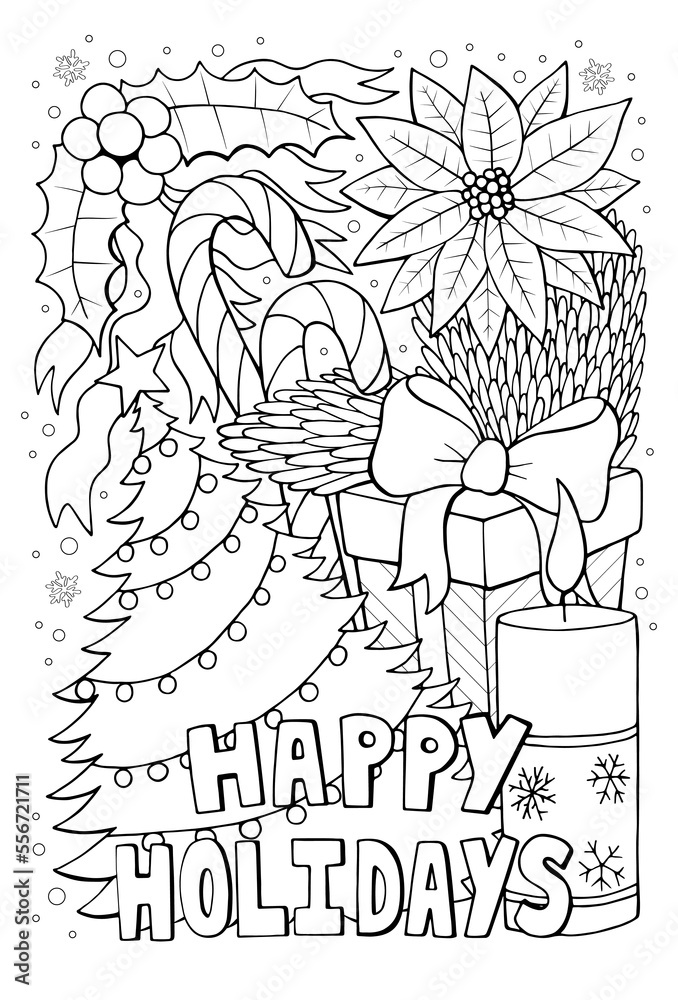 Happy holidays hand drawn anti stress colouring page for adult and kids. Winter holiday themed coloring book page with cozy Christmas objects for mental health relaxation