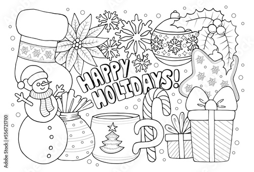 Happy holidays cute anti stress coloring sheet for adult and kids. Hand drawn winter holiday themed coloring book page with cozy Christmas objects, vector illustration