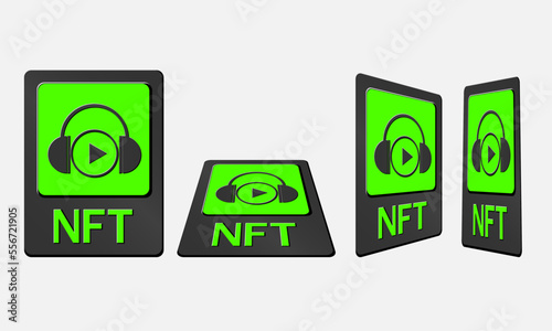 3D token NFT cards in crypto artwork. NFT card with music in perspective, top view in isometric and frontal view. Non-fungible token with information from the blockchain. ERC20. Vector