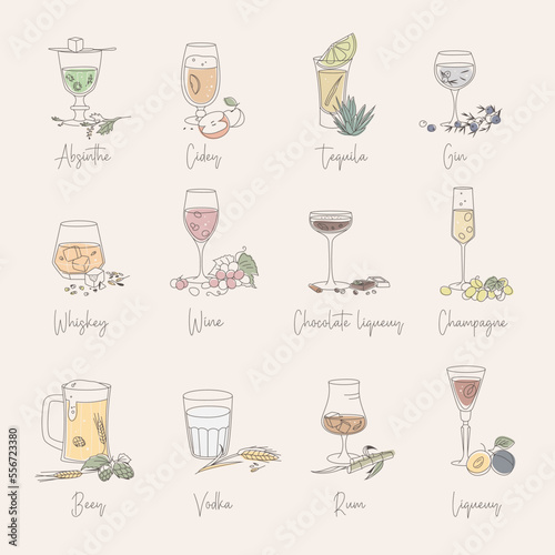 Icons set of various alcohol types with components in different glasses.  Glassware collection in flat outline style vector illustration.