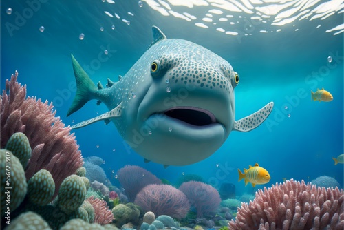 Big spotted fish on the background of blue ocean air bubbles and corals.Underwater world cartoon bright background.AI generated.