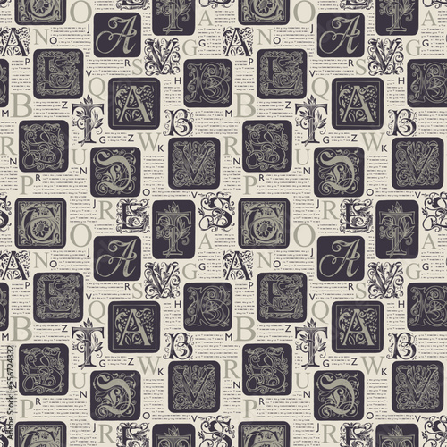 Vector seamless pattern with hand drawn alphabet letters on background of magazine or newspaper pages. Unreadable text and initial letters, repeating vector background.