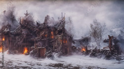 a cabin in the woods surrounded by snow and trees with a lot of smoke coming out of the cabin, generative AI