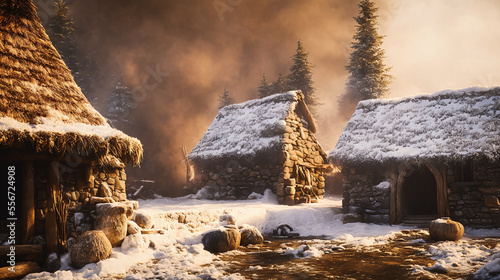 snowy scene of a pagan village with a stream and a few houses with thatched roofs and trees in the background , generative AI
