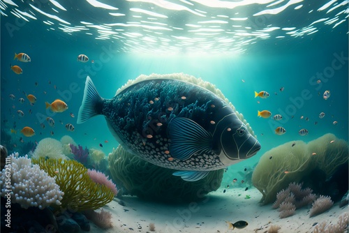 Big spotted fish on the background of the blue ocean of corals and algae.Underwater world flora and fauna cartoon bright background.AI generated.