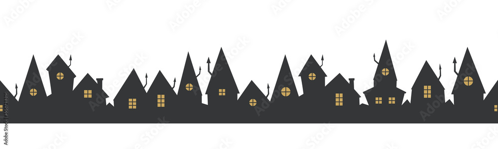 Black house row seamless border. Vector black city silhouette on white background