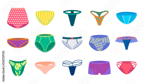 Vector diverse types of woman panties set. Different forms of feminine underwear and bathing swim bottoms with tropical leaves, stripes, polka dot prints isolated