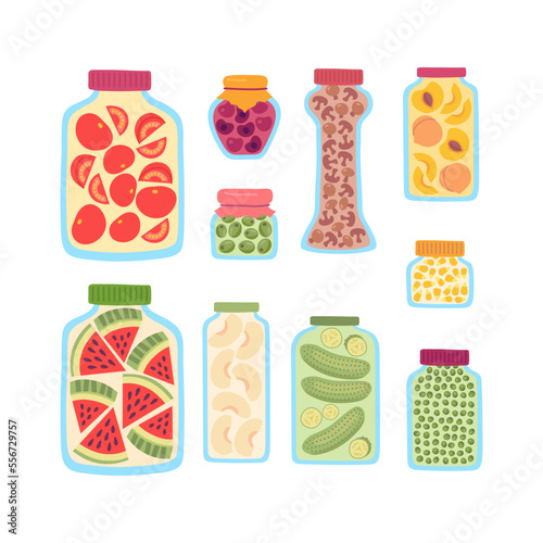 Vector pickles and preserves primitive style set. Pickled tomatos, cucumbers, watermelon, mushrooms in glass jars of different form and size. Olives, apples, peaches, corn and pea preserves isolated
