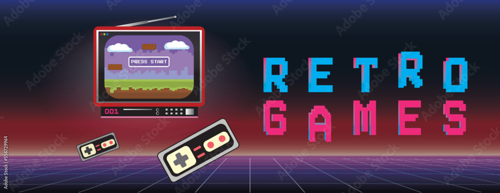 Retro games banner with 1990's computer system window against the retrowave background with cyberpunk perspective grid. 