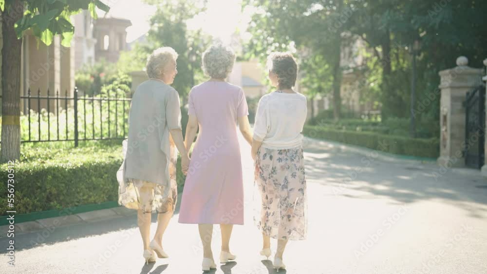 Happy senior friends strolling outside,4K Happy senior friends strolling outside,4K