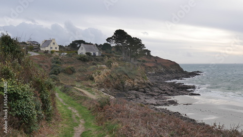 Falaises près d'une mer agité, sous un ciel nuagueux, gris et menaçant, eau fracassant contre les rochers, falaises en roches et de la verdure et végétation, côté bretonne, coin de la Bretagne