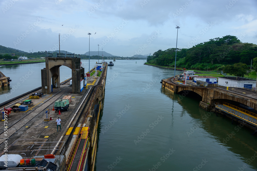 Panama canal Miraflores locks during canal transit