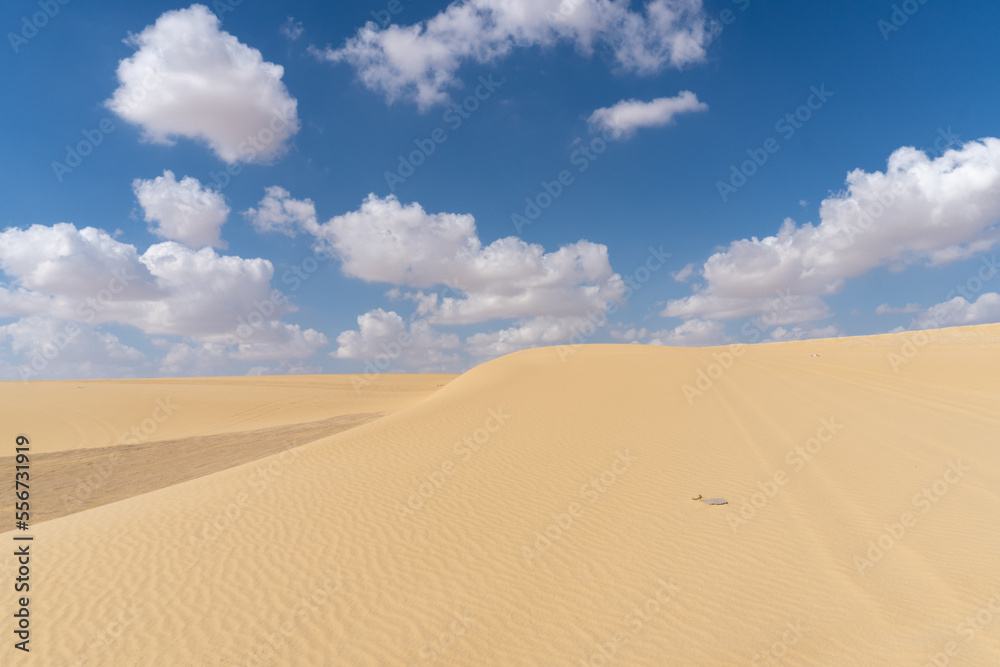 Image of the Sahara desert in Egypt, with yellow sand, and dunes, on a sunny day with clouds Image of the Sahara desert in Egypt, with yellow sand, and dunes, on a sunny day with clouds