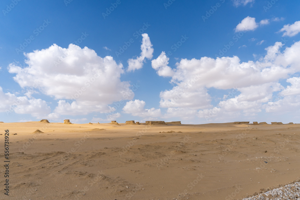 landscape of the Fayoum desert in Egypt, with the typical eroded rock formations