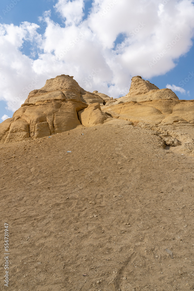 landscape of the Fayoum desert in Egypt, with the typical eroded rock formations