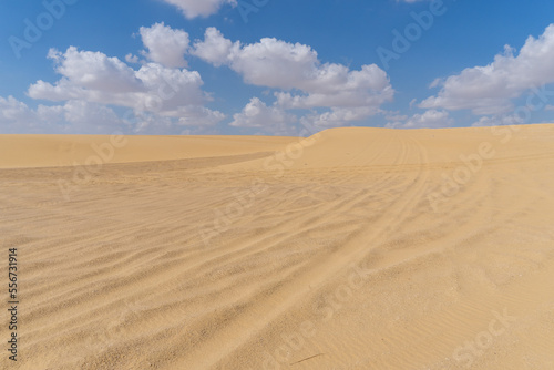 Image of the Sahara desert in Egypt  with yellow sand  and dunes  on a sunny day with clouds