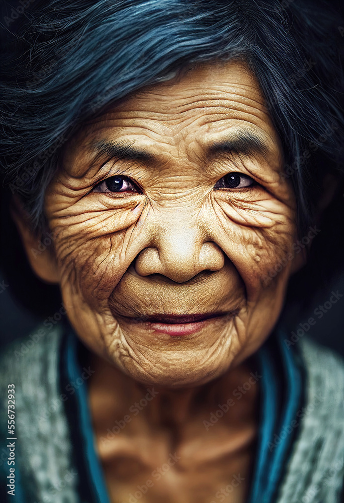 Closeup portrait of fictional old asian japanese woman with wrinkles (Generative AI) Closeup portrait of fictional old asian japanese woman with wrinkles (Generative AI)