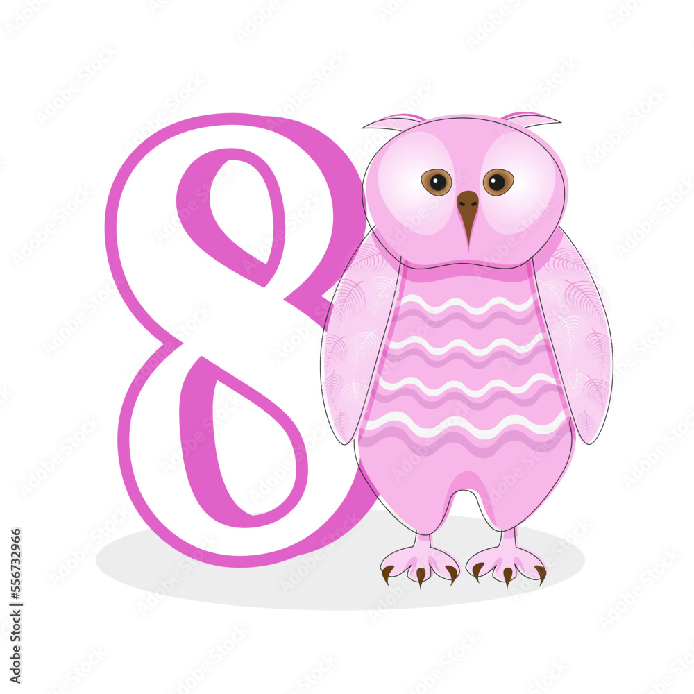 Pink owl with the number 8. Cute character for a children's card or an invitation to a birthday party Pink owl with the number 8. Cute character for a children's card or an invitation to a birthday party