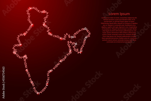India map country along contour of recurring english red words name of state and glowing space stars