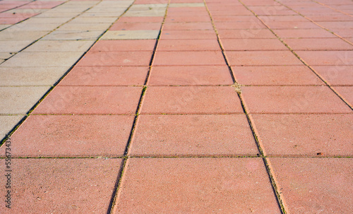 The footpath is paved with multi-colored paving stones. selective focus on paving slabs.