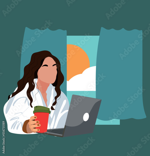 Modern woman in bath robe working on laptop at home. Vector illustration