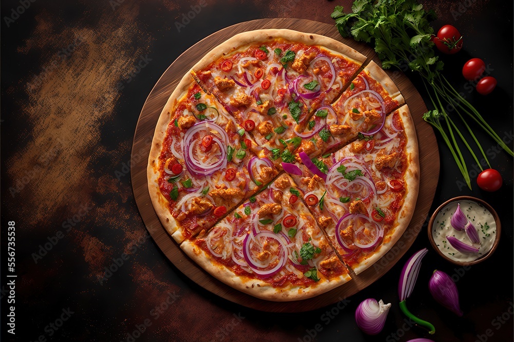 A delicious butter chicken pizza with red pepper, red onion and cilantro. Generative AI A delicious butter chicken pizza with red pepper, red onion and cilantro. Generative AI
