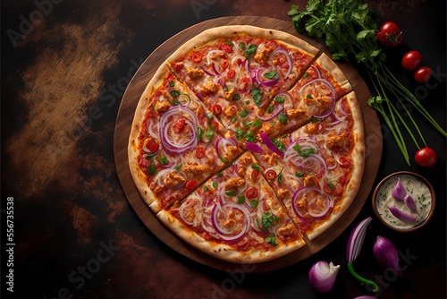 A delicious butter chicken pizza with red pepper, red onion and cilantro. Generative AI