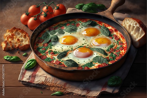 Baking, Breakfast, Cooked, Cooking, egg, spinach, food, Appetizer, Animal Egg, shakshouka, Cooking Pan, food and drink. Generative AI