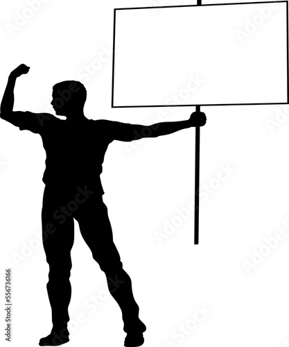 Protestor or demonstrator at a demonstration march, picket line or strike protest rally in silhouette. Holding up a banner or picket sign board placard.