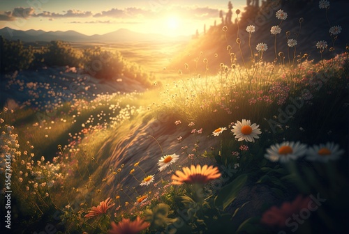 beautiful illustration landscape background of grassland with daisy flowers blossom in field