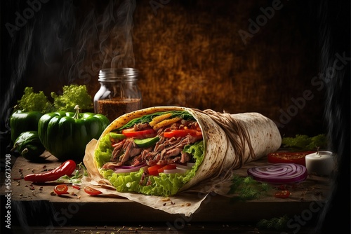 Traditional Turkish doner kebab in a tortilla wrap with fresh vegetable ingredients served. Generative AI photo