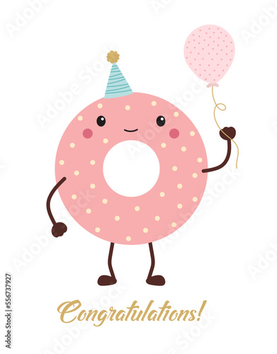 cartoon greeting card of donut with balloon