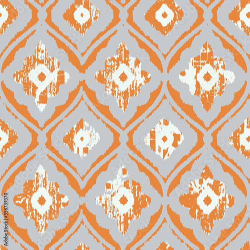 seamless geometric pattern. Tribal Art Ikat Ogee in traditional classic blue colors. based on ikat fabric style. Vector illustration.