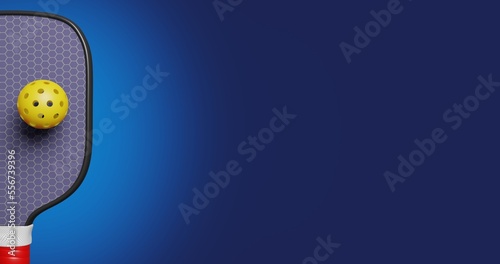 Part of a paddle racket and a plastic ball with holes for playing pickleball on a blue background. American sports 3D rendering photo