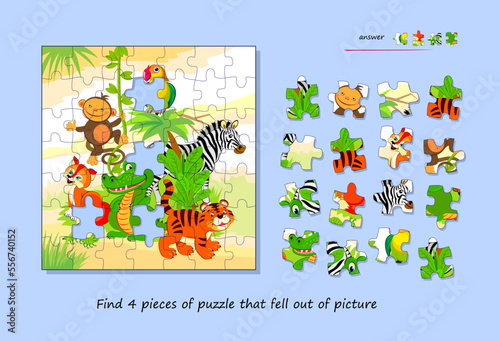 Logic game for children and adults. Find 4 pieces of puzzle that fell out of picture. Page for kids brain teaser book. Task for attentiveness. Developing spatial thinking. Play online. Vector image.