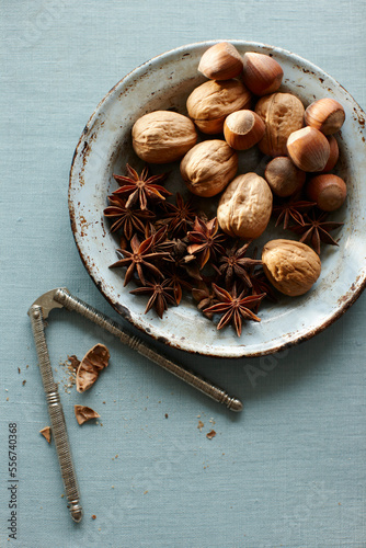 Walnuts and Hazelnuts with Star Anise and Nutcracker photo