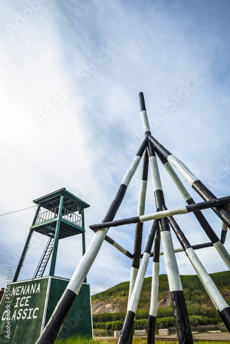 Display of Nenana Ice Classic tripod for 2016 and tower by Tanana River, Interior Alaska in summertime; Nenana, Alaska, United States of America photo
