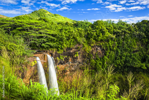 Wailua Falls drop down the cliff in lush green rainforest; Lihue, Kauai, Hawaii, United States of America photo
