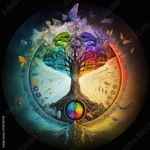 The World Tree with chakras and butterflies  facilitation of meditation  well-being and reflection