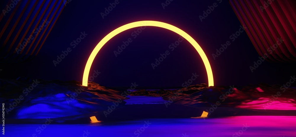gaming background abstract wallpaper, cyberpunk style scifi game, neon glow of stage scene in pedestal display room, 3d illustration rendering, esports team concept