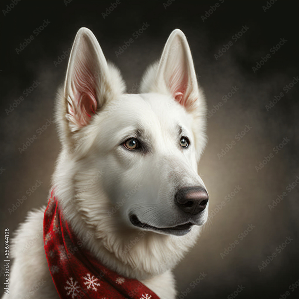 White Swiss Shepherd in Christmas Outfit White Swiss Shepherd in Christmas Outfit